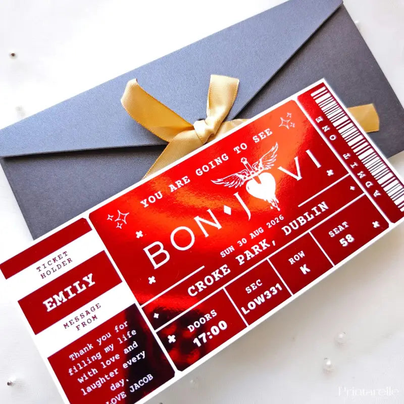 personalised bon jovi foil concert ticket in red with kraft envelope