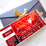personalised bon jovi foil concert ticket in red with kraft envelope