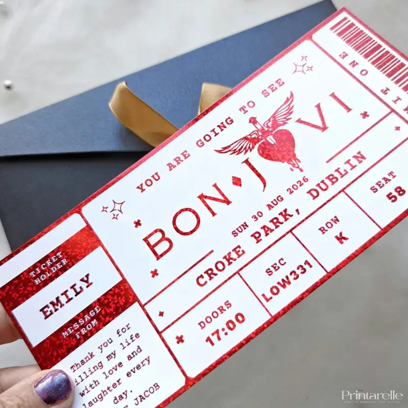 personalised bon jovi foil concert ticket in red with kraft envelope