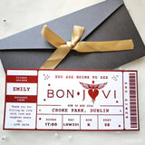 personalised bon jovi foil concert ticket in red with kraft envelope