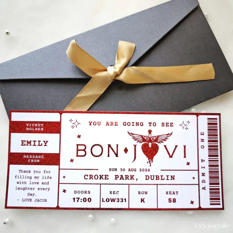 personalised bon jovi foil concert ticket in red with kraft envelope