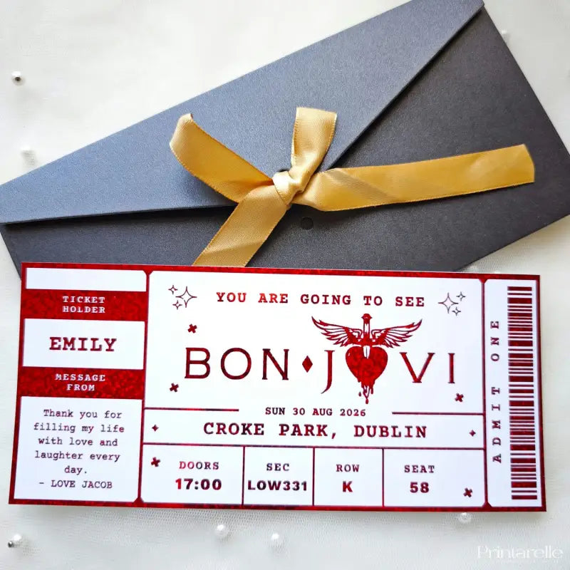 personalised bon jovi foil concert ticket in red with kraft envelope