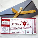 personalised bon jovi foil concert ticket in red with kraft envelope