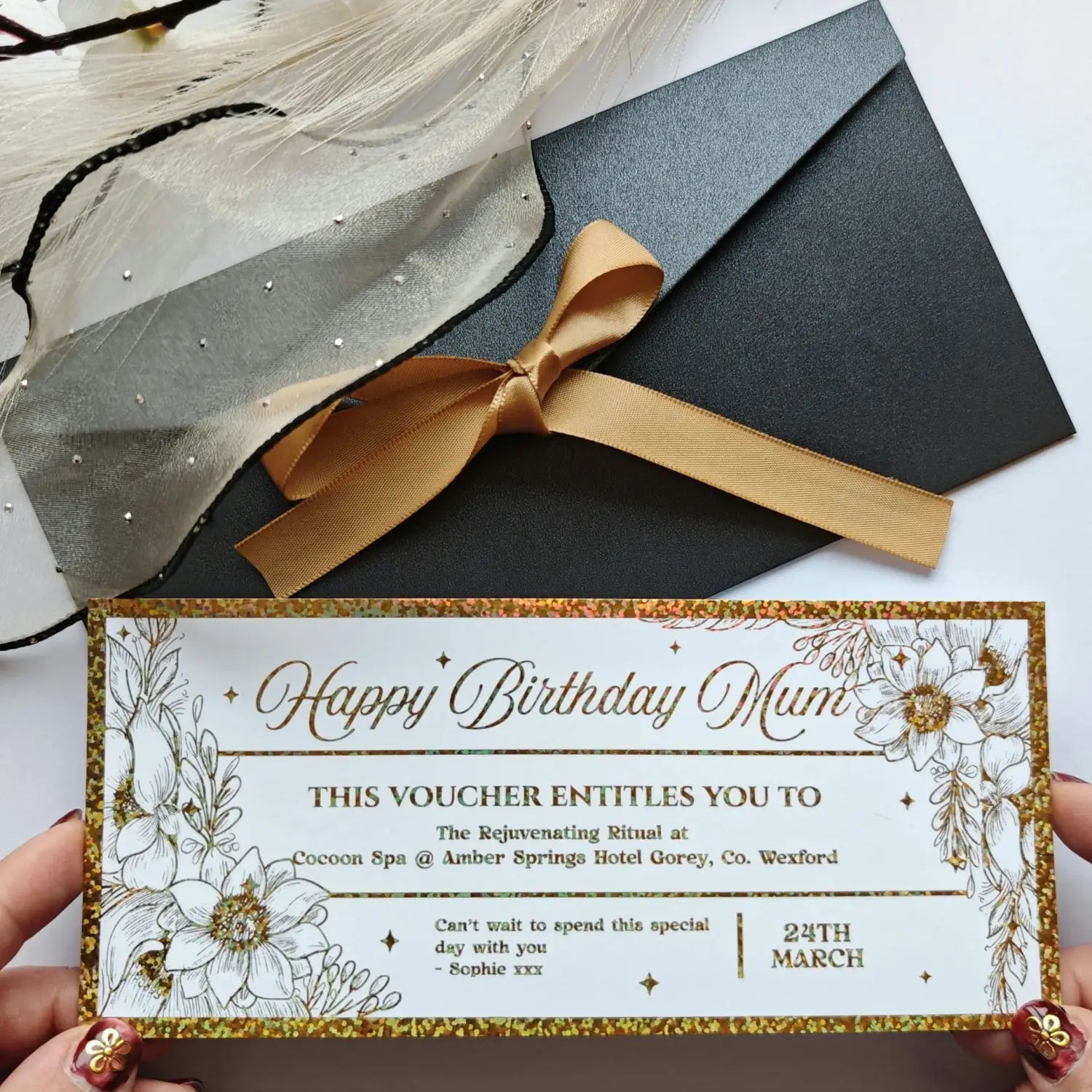 Gold Glitter White Florals Voucher
