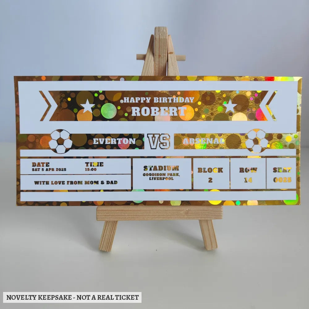 Personalised Football Foil Ticket | Birthday Keepsake - personalised foil football, foil football ticket, match