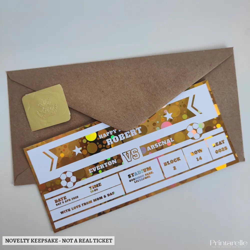 Personalised Football Foil Ticket | Birthday Keepsake - personalised foil football, foil football ticket, match