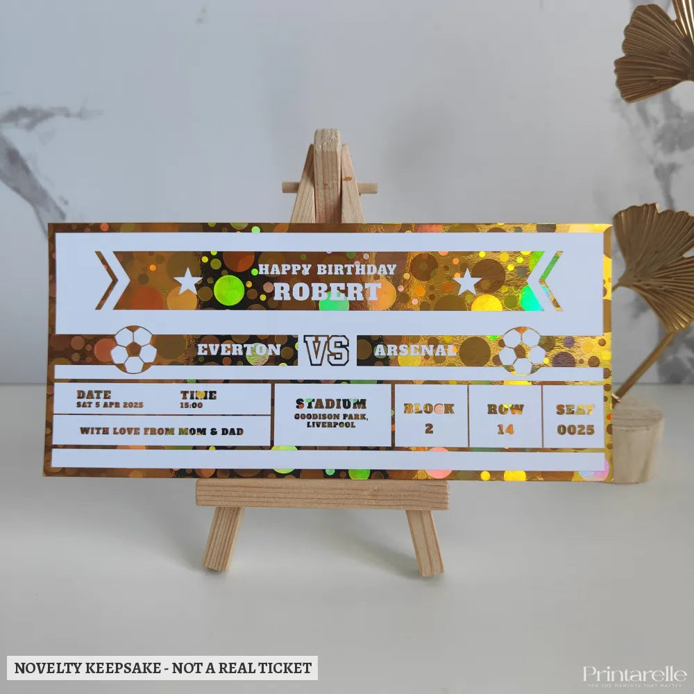 Personalised Football Foil Ticket | Birthday Keepsake - personalised foil football, foil football ticket, match