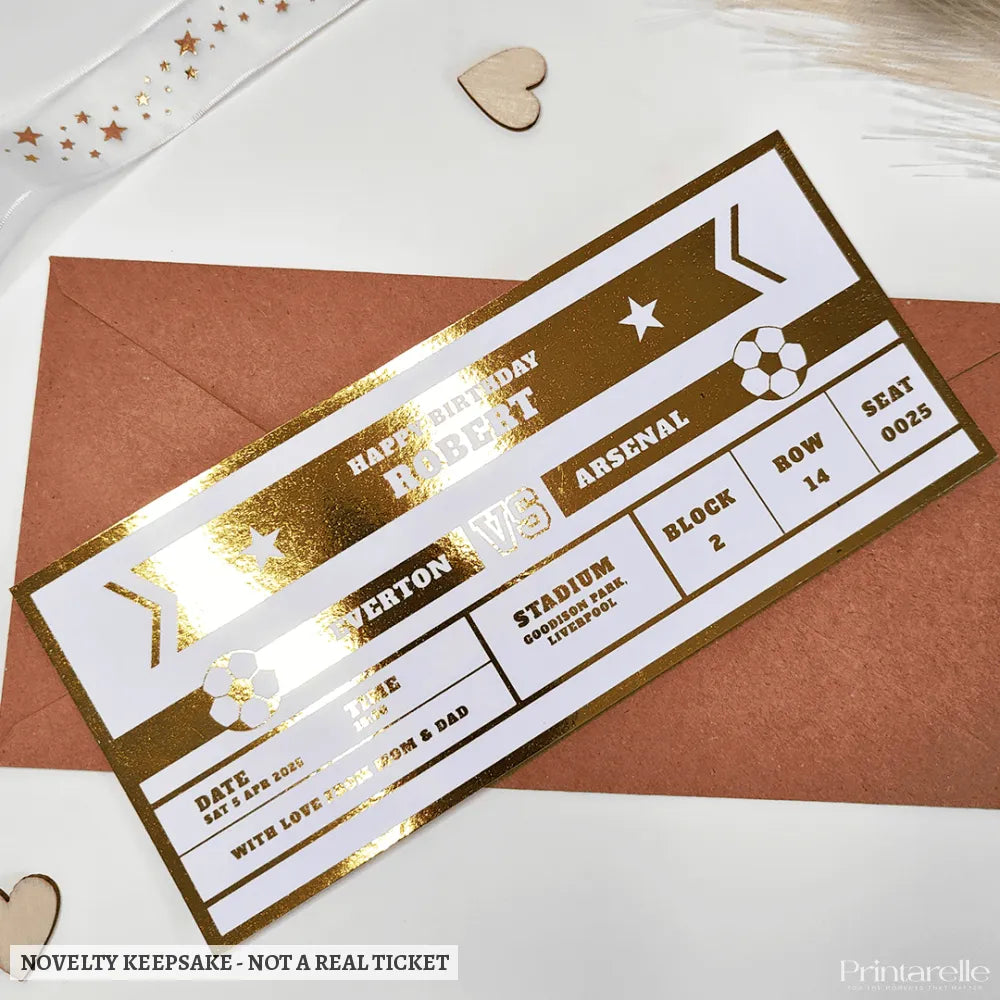 Personalised Football Foil Ticket | Birthday Keepsake - personalised foil football, foil football ticket, match