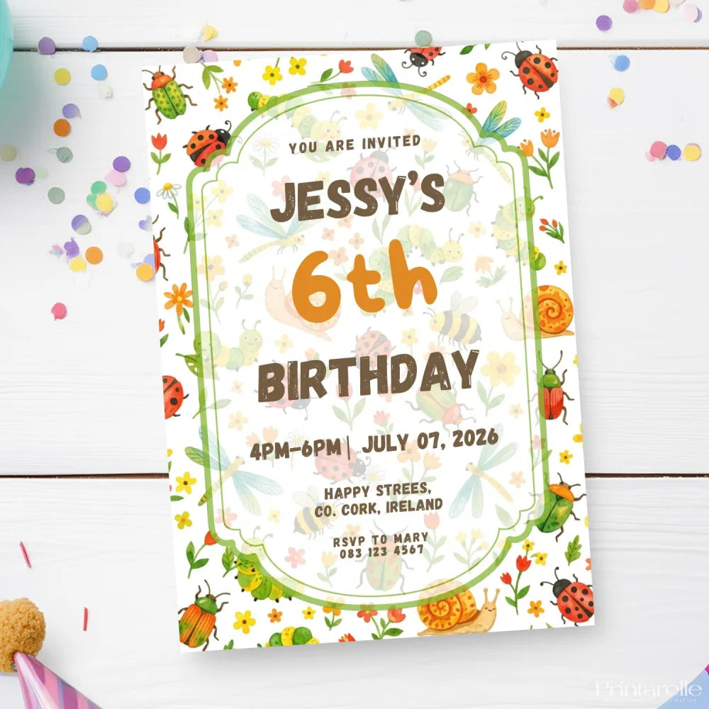 Personalised Garden Bug Birthday Party Invitation – Beetles Ladybirds & Dragonflies Design - garden bug birthday,