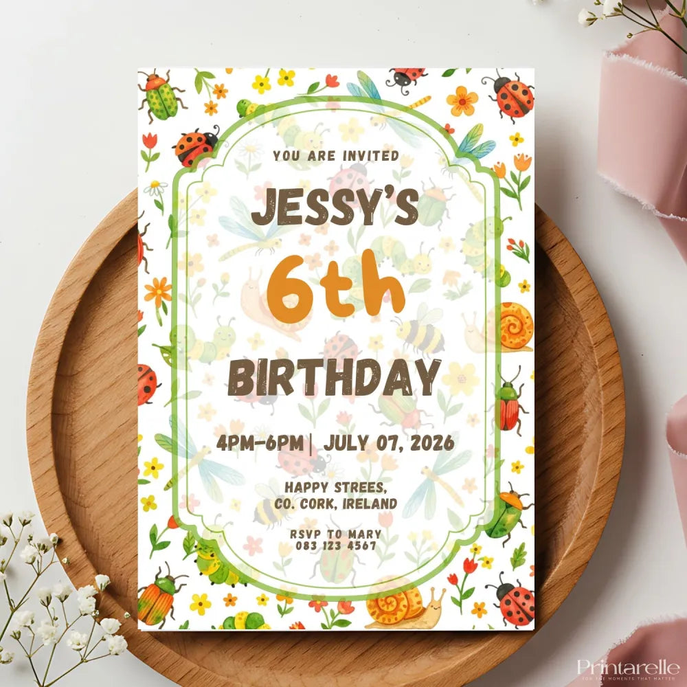 Personalised Garden Bug Birthday Party Invitation – Beetles Ladybirds & Dragonflies Design - garden bug birthday,