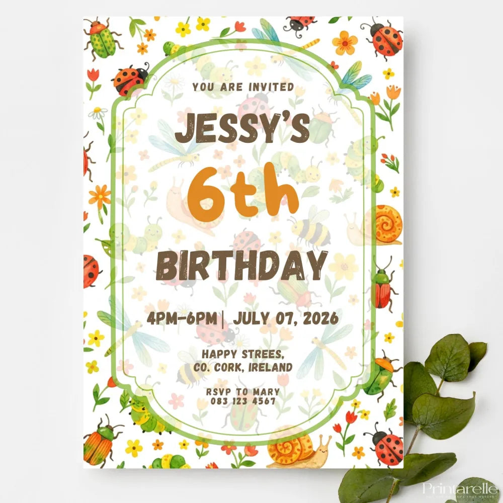 Personalised Garden Bug Birthday Party Invitation – Beetles Ladybirds & Dragonflies Design - garden bug birthday,