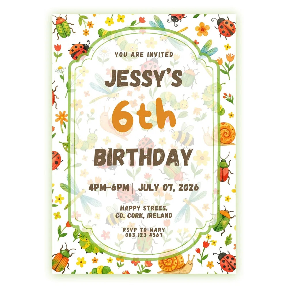 Personalised Garden Bug Birthday Party Invitation – Beetles Ladybirds & Dragonflies Design - garden bug birthday,