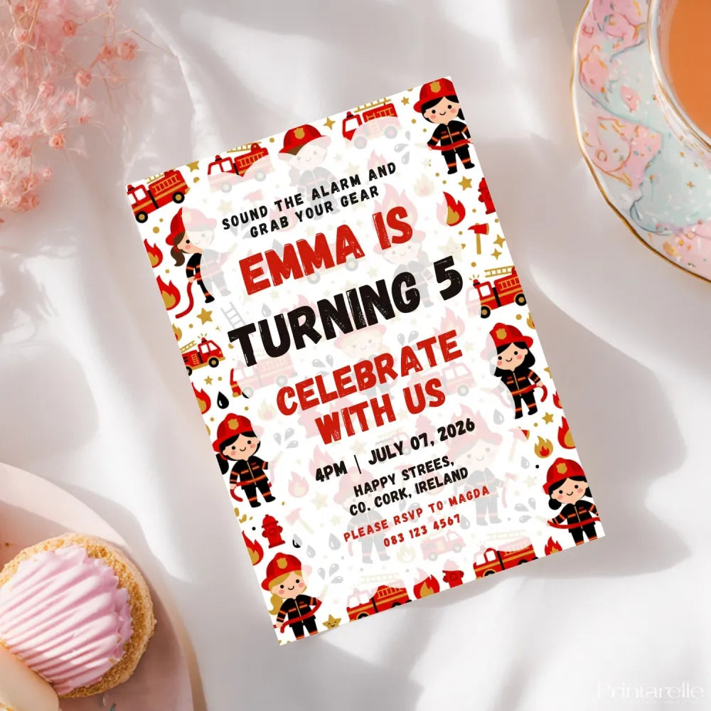Personalised Girl Firefighter Birthday Invitation Cards - girl firefighter, girl firefighter birthday, firefighter
