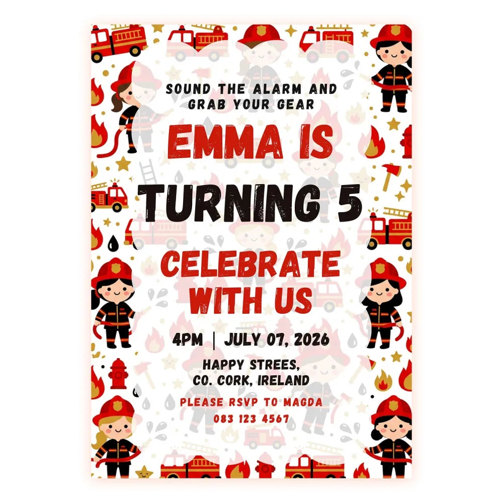 Personalised Girl Firefighter Birthday Invitation Cards - girl firefighter, girl firefighter birthday, firefighter