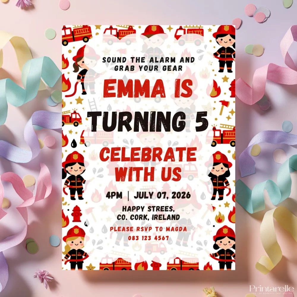 Personalised Girl Firefighter Birthday Invitation Cards - girl firefighter, girl firefighter birthday, firefighter
