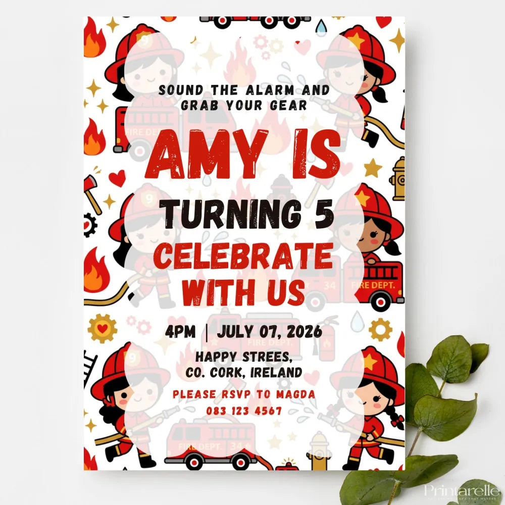 Personalised Girl Firefighter Birthday Party Invitation - girl firefighter birthday, girl firefighter, firefighter