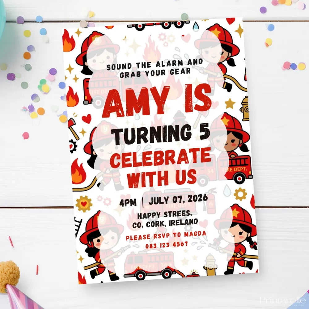Personalised Girl Firefighter Birthday Party Invitation - girl firefighter birthday, girl firefighter, firefighter