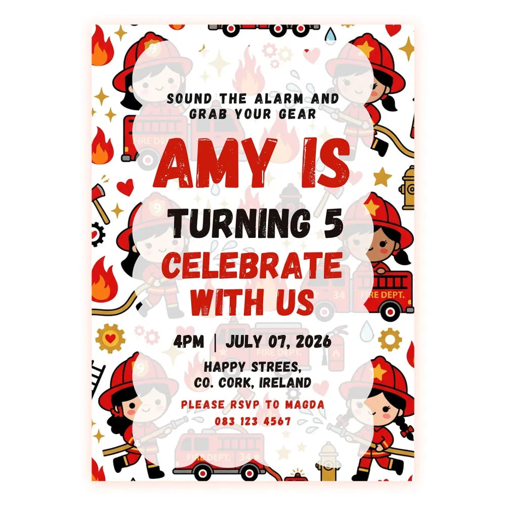 Personalised Girl Firefighter Birthday Party Invitation - girl firefighter birthday, girl firefighter, firefighter