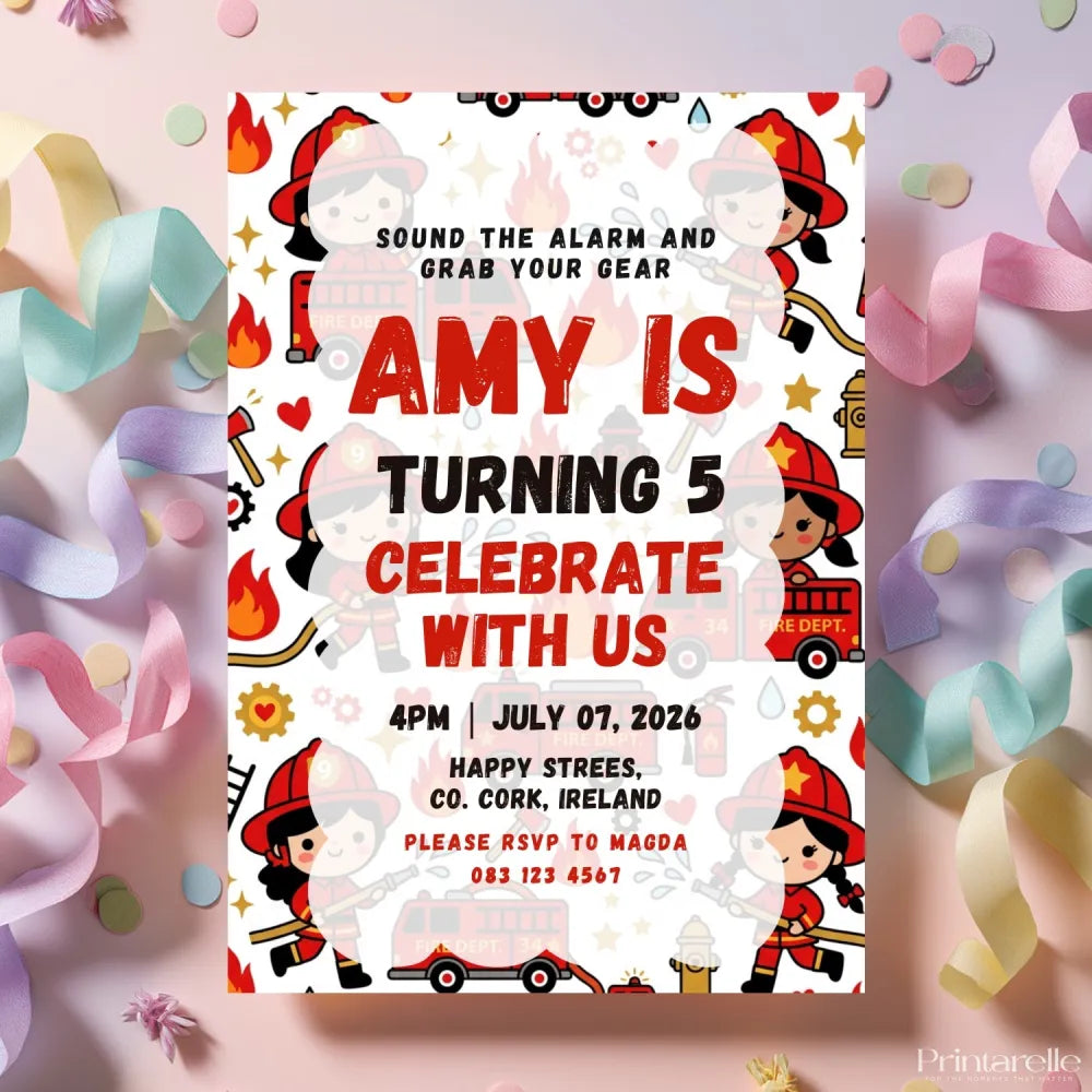 Personalised Girl Firefighter Birthday Party Invitation - girl firefighter birthday, girl firefighter, firefighter