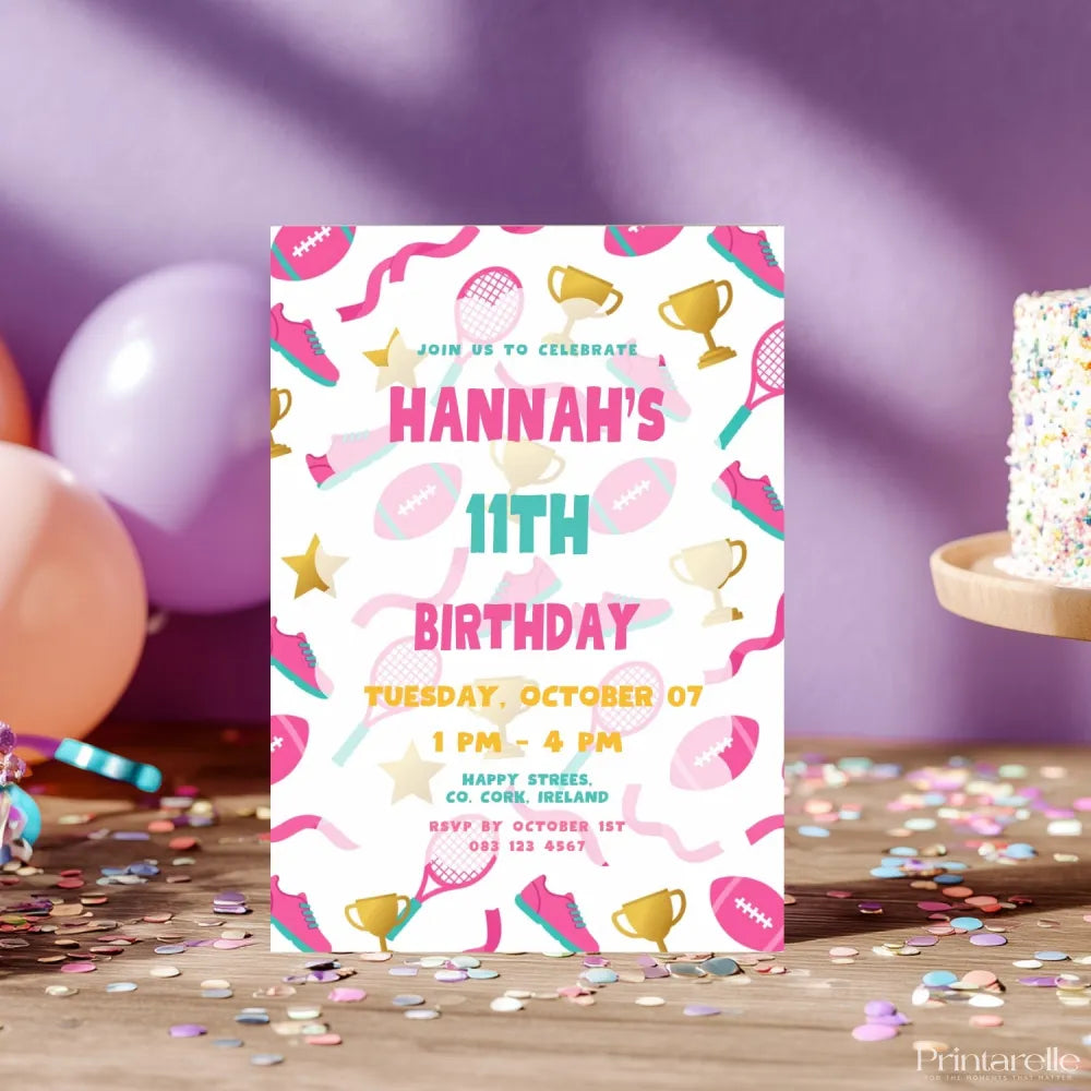 Personalised Girls Sports Birthday Party Invitation Cards - girls sports, girls sports birthday, sports birthday,