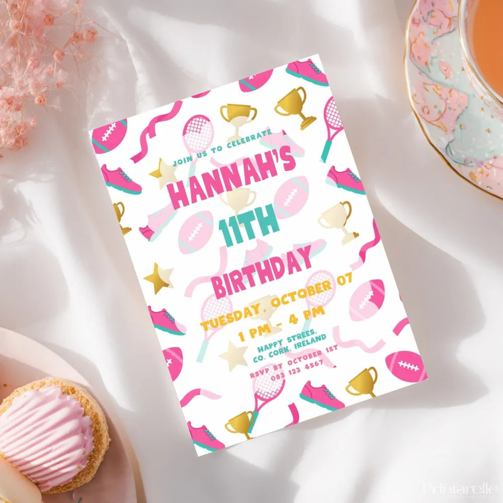 Personalised Girls Sports Birthday Party Invitation Cards - girls sports, girls sports birthday, sports birthday,
