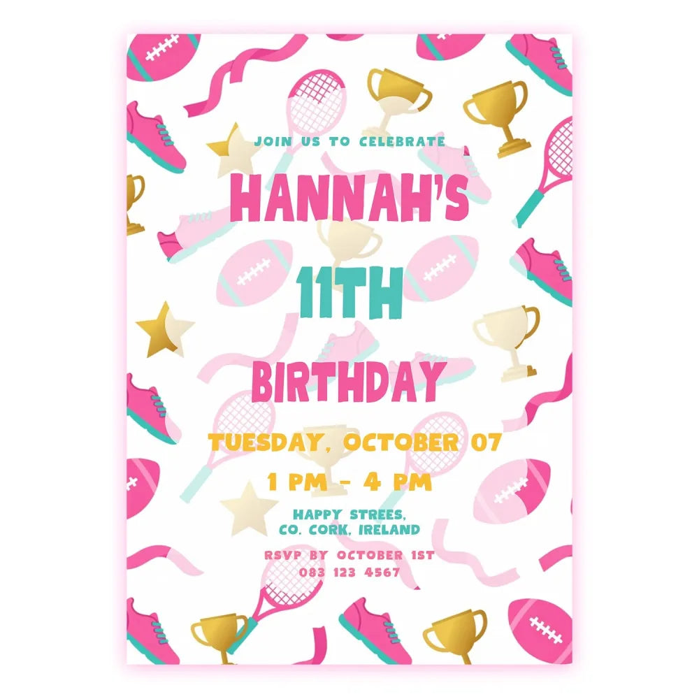 Personalised Girls Sports Birthday Party Invitation Cards - girls sports, girls sports birthday, sports birthday,