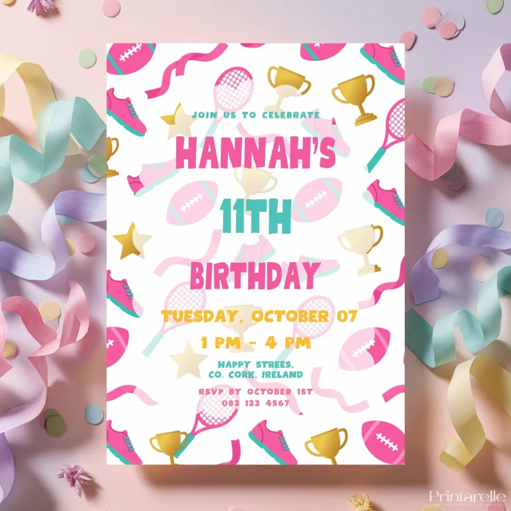 Personalised Girls Sports Birthday Party Invitation Cards - girls sports, girls sports birthday, sports birthday,