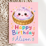 Personalised Glitter Bao Bun Birthday Card | Kawaii - bao bun, kraft envelope, birthday cards, purple bao bun, purple