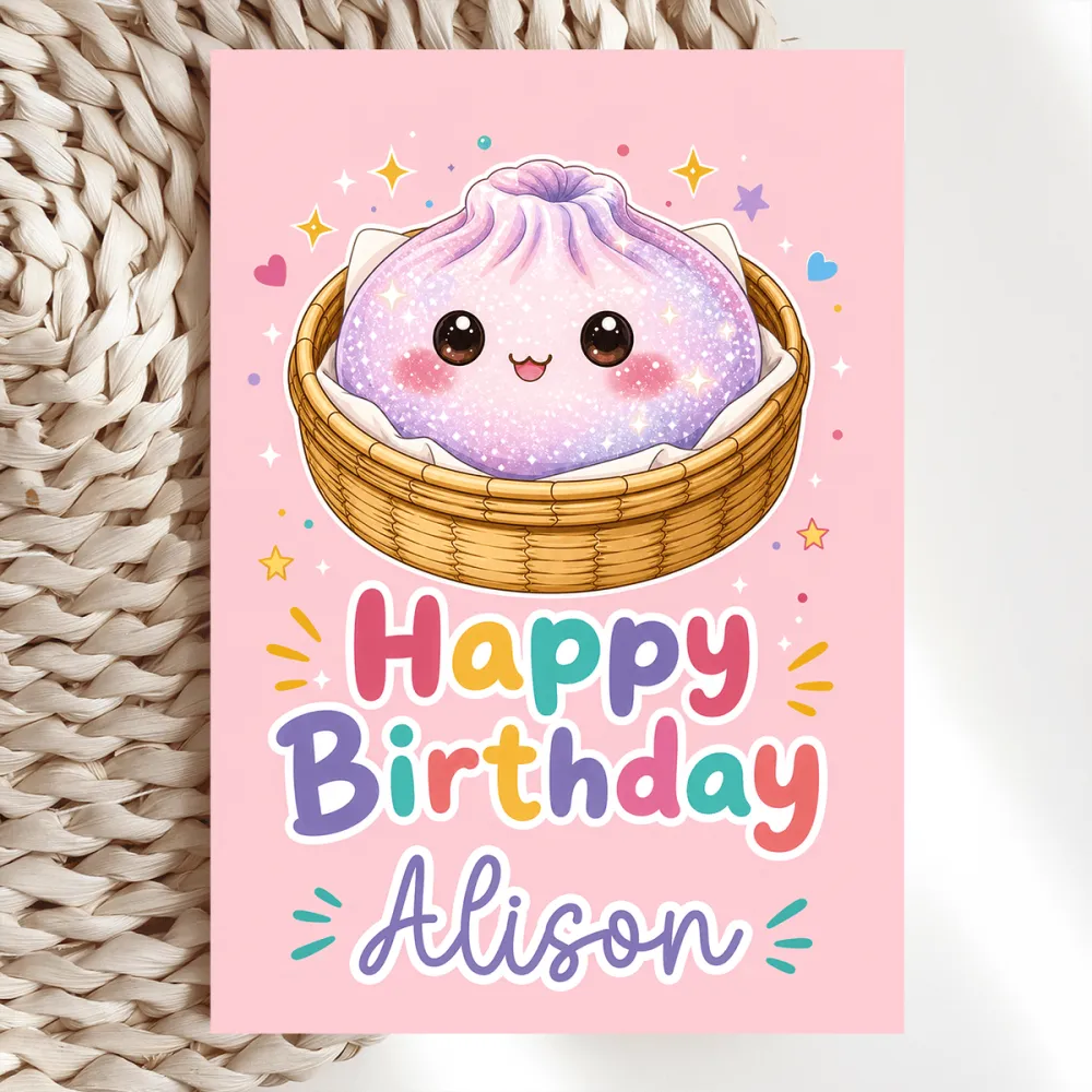 Personalised Glitter Bao Bun Birthday Card | Kawaii - bao bun, kraft envelope, birthday cards, purple bao bun, purple
