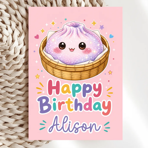 Personalised Glitter Bao Bun Birthday Card | Kawaii - bao bun, kraft envelope, birthday cards, purple bao bun, purple