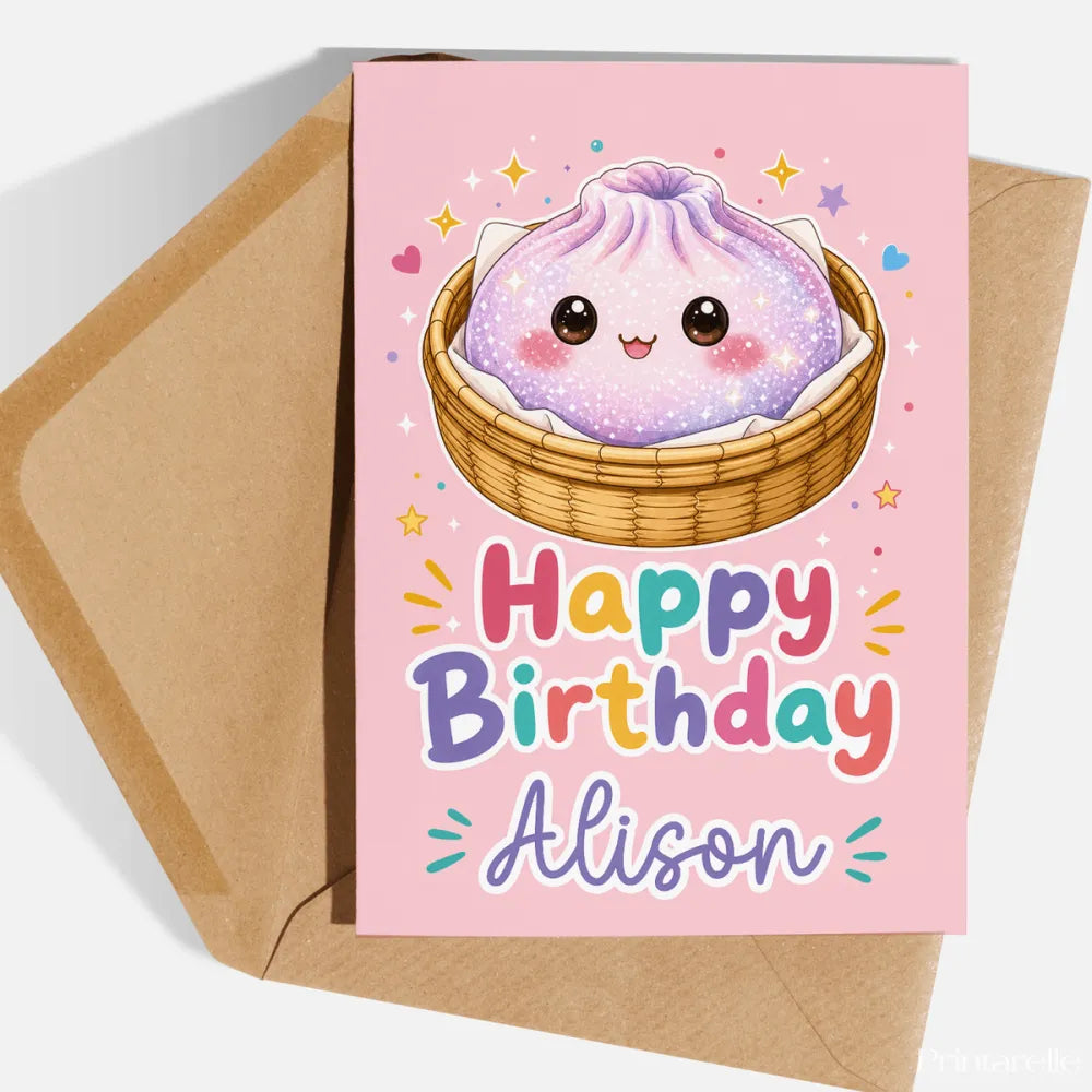 Personalised Glitter Bao Bun Birthday Card | Kawaii - bao bun, kraft envelope, birthday cards, purple bao bun, purple