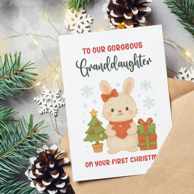 Granddaughter First Christmas Card | Cute Bunny Design - Greeting Card