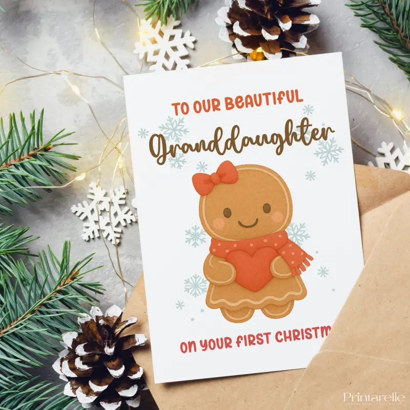 Christmas card for granddaughter with gingerbread girl illustration and festive decorations.