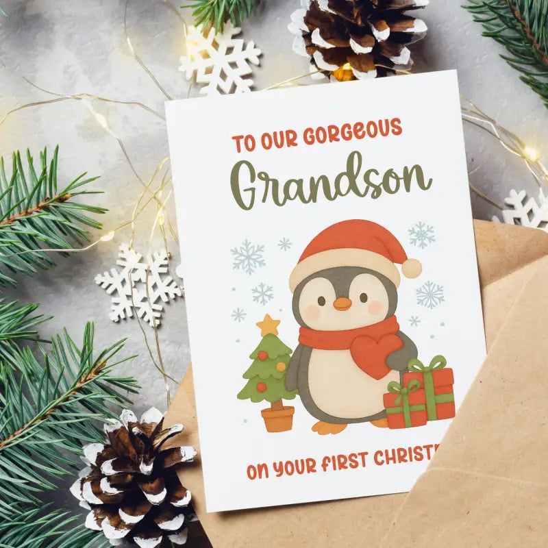 Christmas card with a penguin illustration and text for a grandson, surrounded by festive decorations.