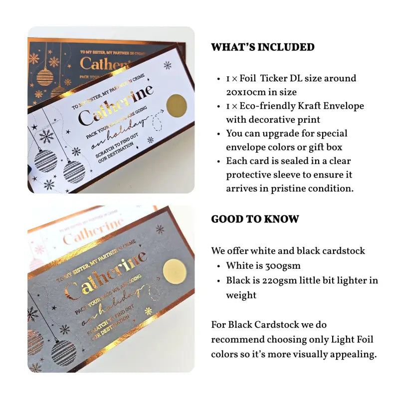Foil ticker DL size card with eco-friendly kraft envelope and product details.