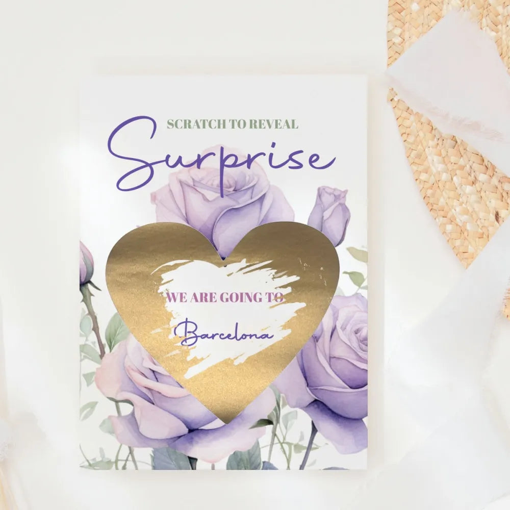 Personalised Holiday Surprise Scratch Card – Lilac Rose Heart - Greeting Card - Printarelle