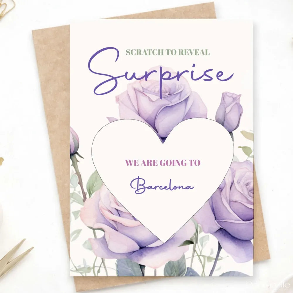 Personalised Holiday Surprise Scratch Card – Lilac Rose Heart - Greeting Card - Printarelle