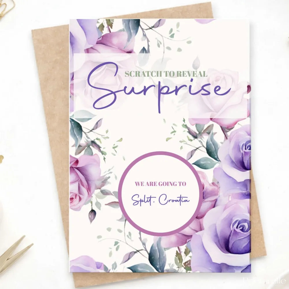 Personalised Holiday Surprise Scratch Card – Purple Rose | Holiday Reveal Card - Greeting Card - Printarelle