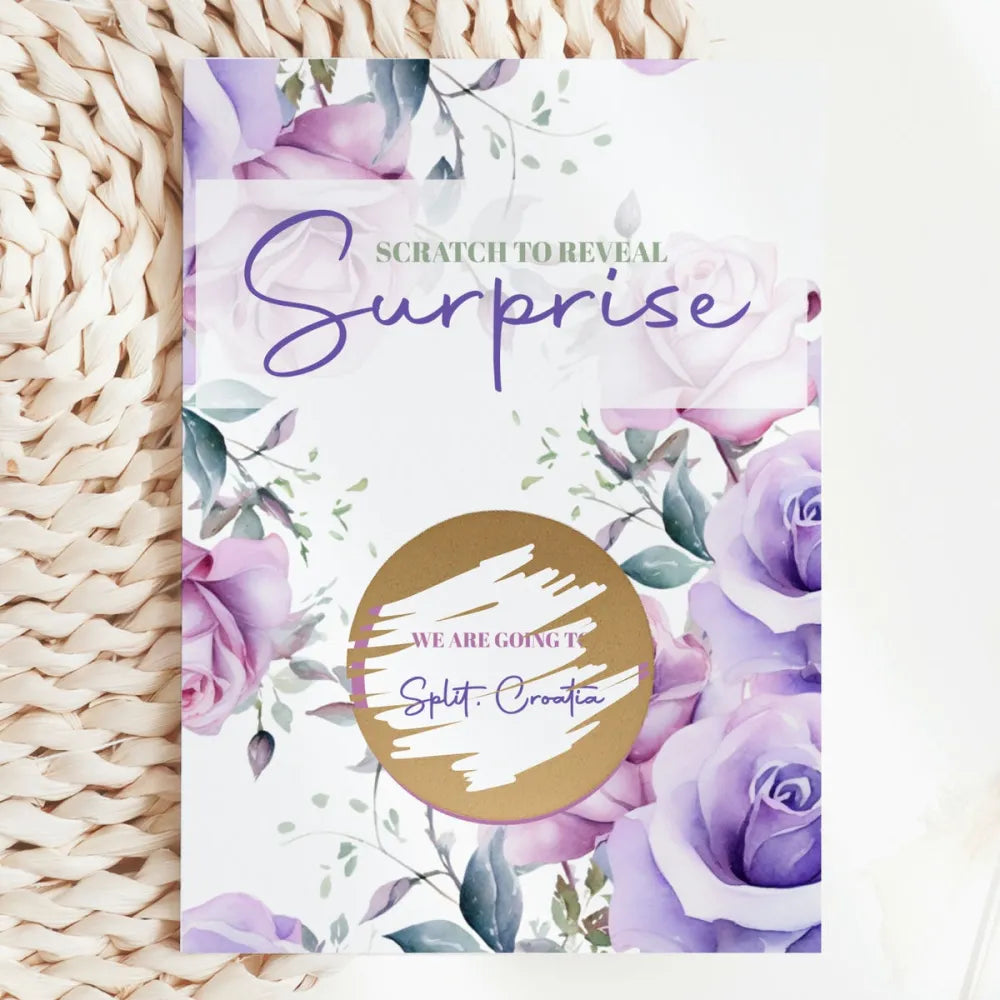 Personalised Holiday Surprise Scratch Card – Purple Rose | Holiday Reveal Card - Greeting Card - Printarelle