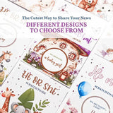 Collection of baby announcement cards with various designs and text.