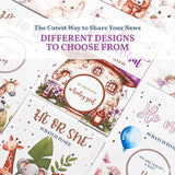 Collection of baby announcement cards with various designs and text.