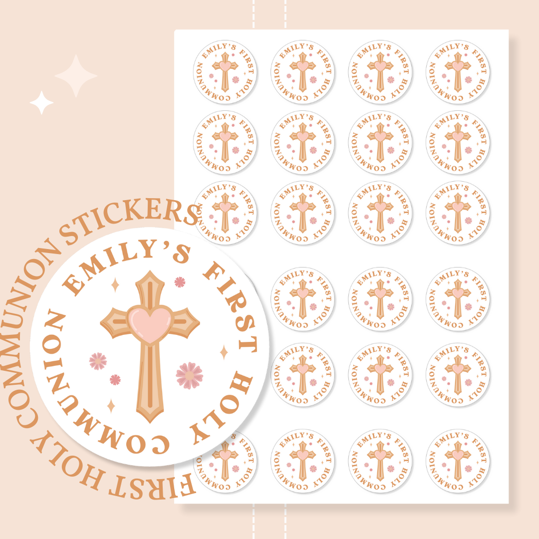 Personalised Holy Communion Stickers - Cross & Heart - Stickers - Printarelle