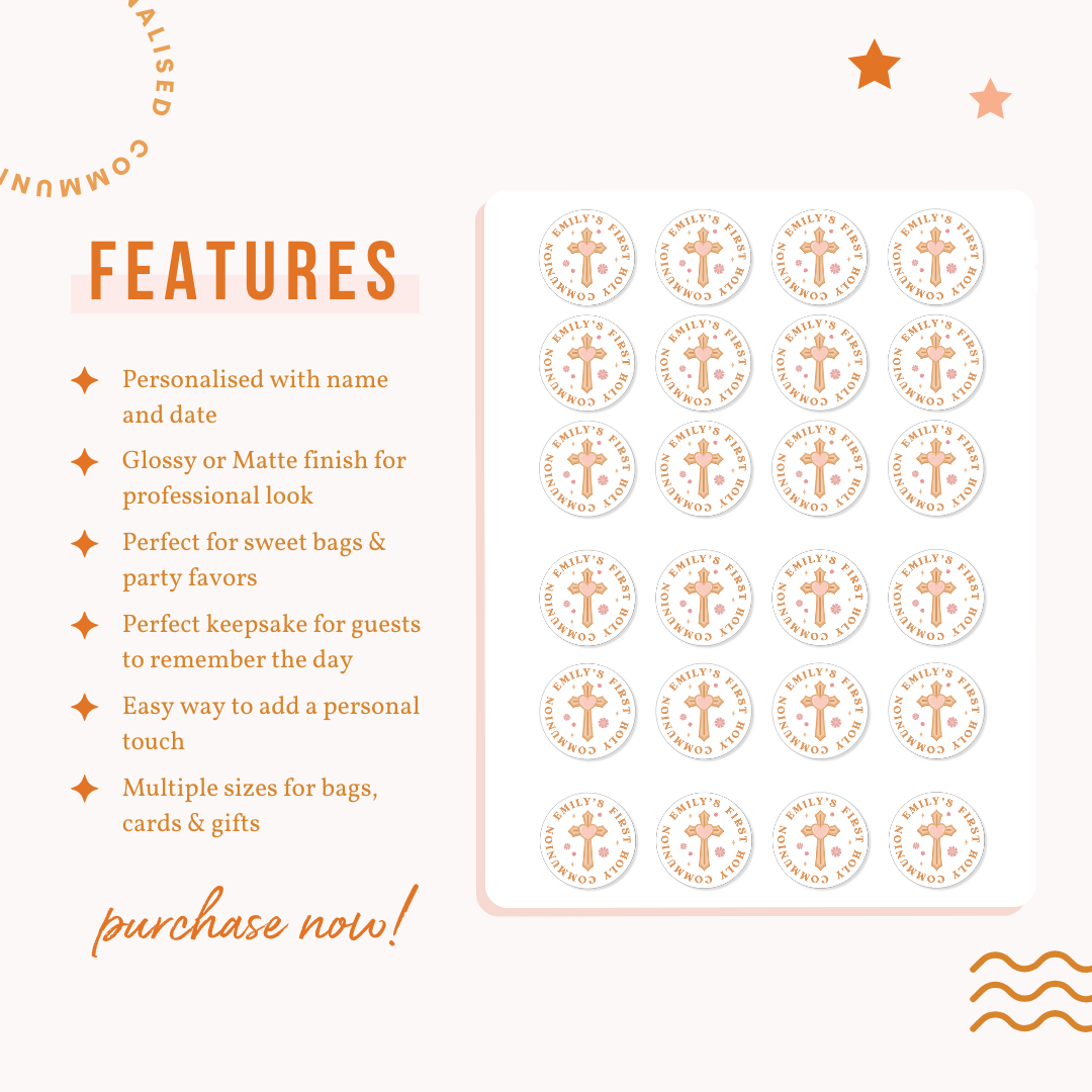 Personalised Holy Communion Stickers - Cross & Heart - Stickers - Printarelle