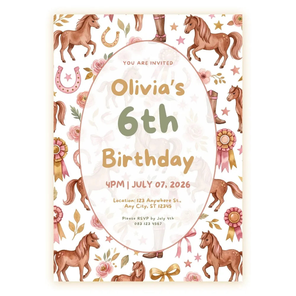 Personalised Horse Birthday Party Invitation – Chestnut Ponies Rosettes & Floral Oval Frame - horse birthday, oval