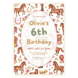Personalised Horse Birthday Party Invitation – Chestnut Ponies Rosettes & Floral Oval Frame - horse birthday, oval