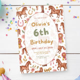 Personalised Horse Birthday Party Invitation – Chestnut Ponies Rosettes & Floral Oval Frame - horse birthday, oval