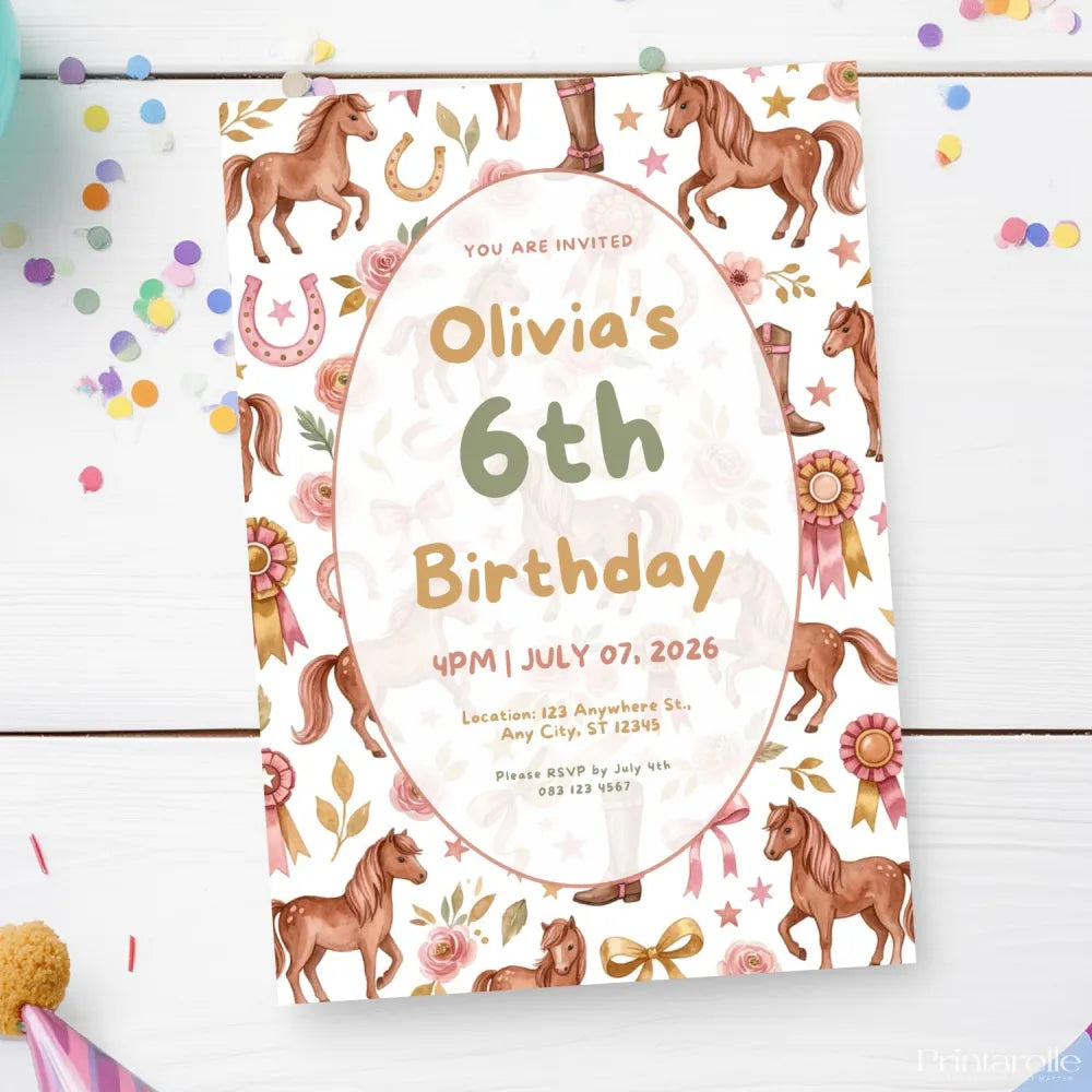 Personalised Horse Birthday Party Invitation – Chestnut Ponies Rosettes & Floral Oval Frame - horse birthday, oval