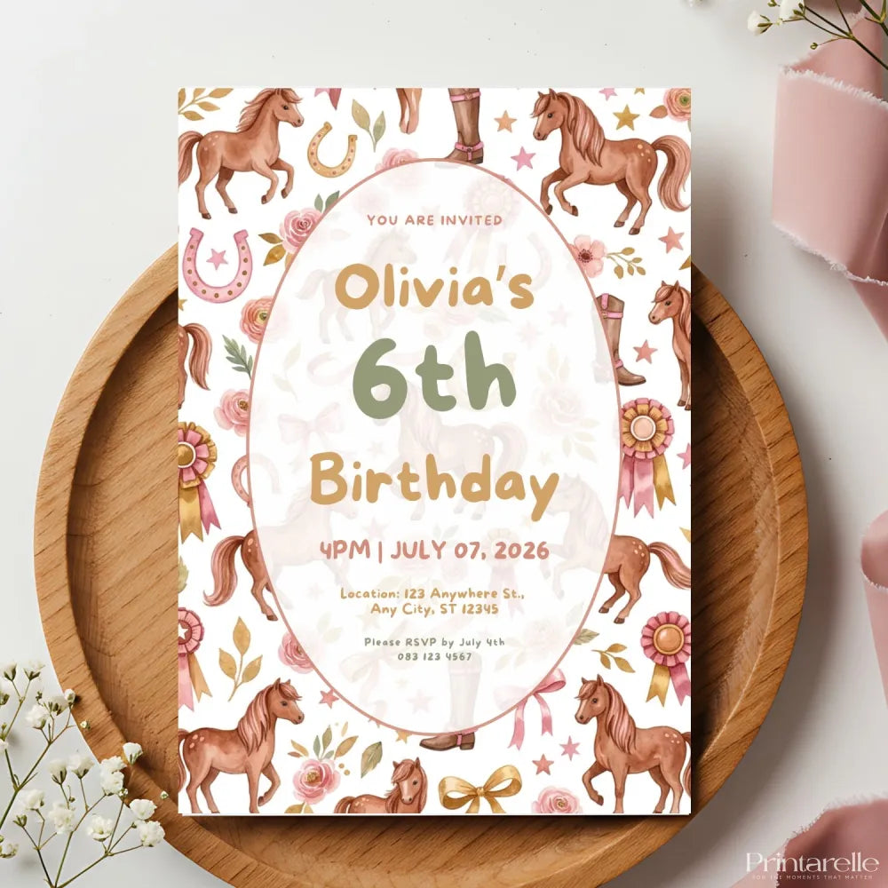 Personalised Horse Birthday Party Invitation – Chestnut Ponies Rosettes & Floral Oval Frame - horse birthday, oval