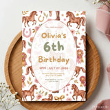 Personalised Horse Birthday Party Invitation – Chestnut Ponies Rosettes & Floral Oval Frame - horse birthday, oval