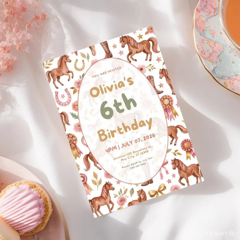 Personalised Horse Birthday Party Invitation – Chestnut Ponies Rosettes & Floral Oval Frame - horse birthday, oval